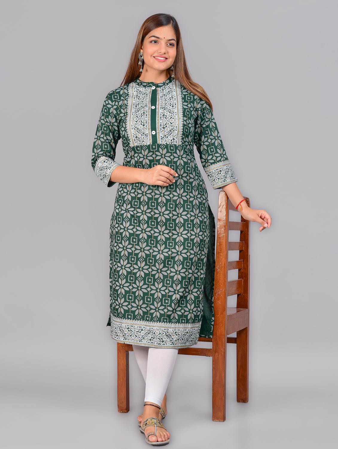 women green mandarin neck straight kurta - 20215085 - Standard Image - 3