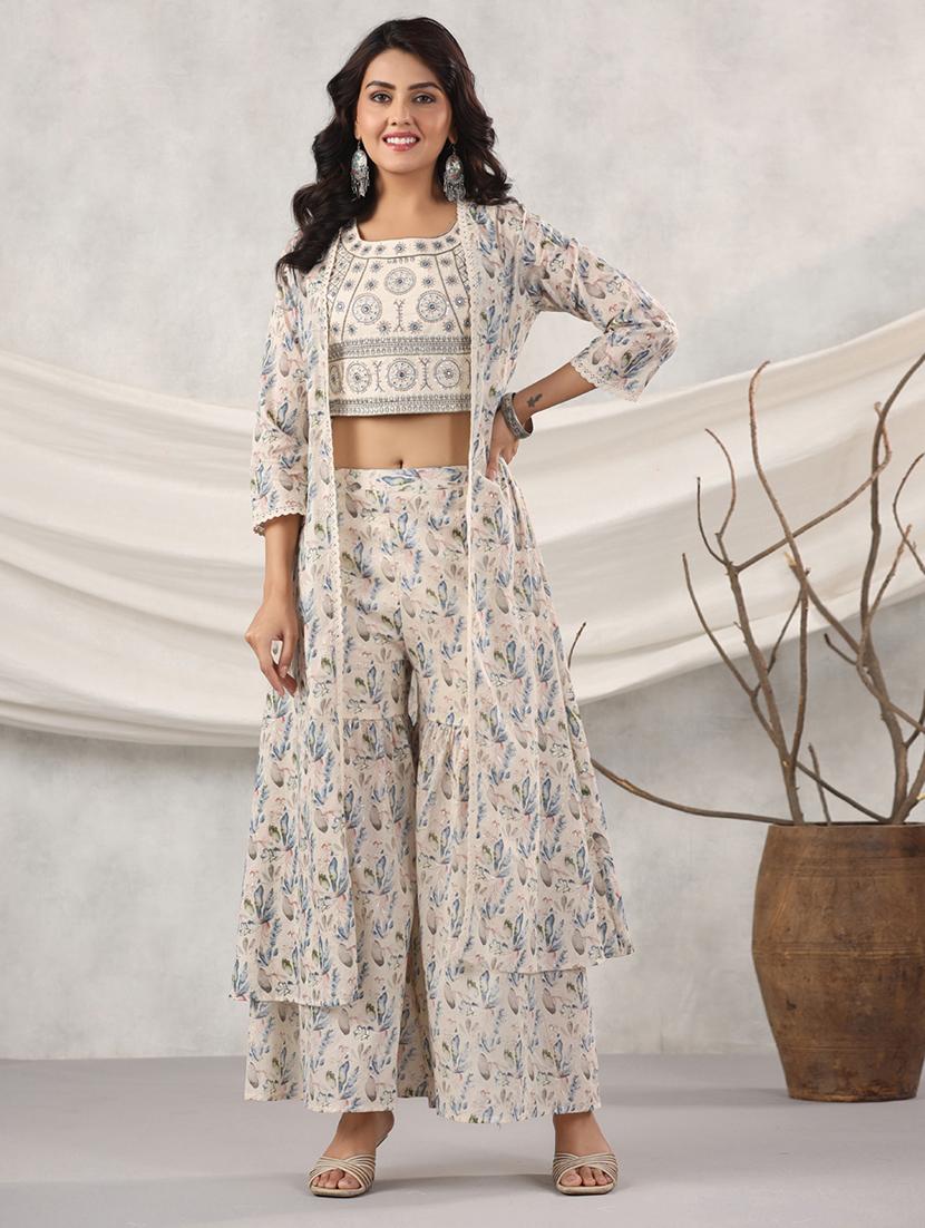off-white embroidered and sequined top with sharara & long jacket - 20223829 - Zoom Image - 0