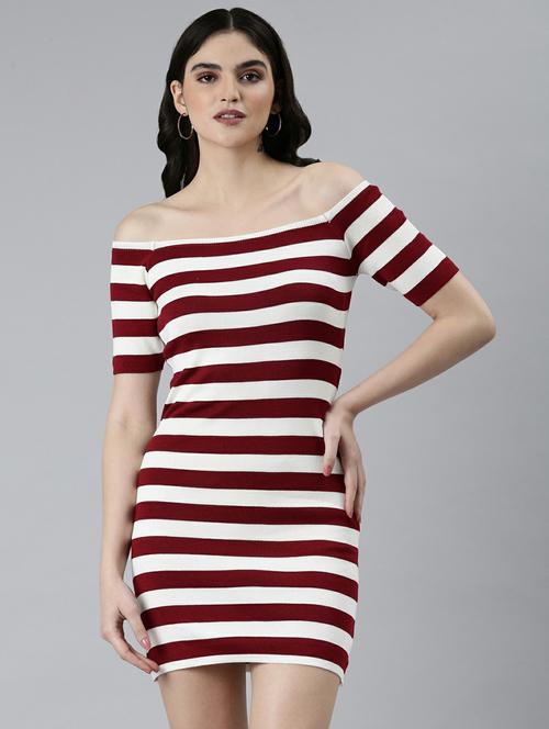 maroon & white striped off shoulder bodycon dress - 20249553 - Very Small Image - 1