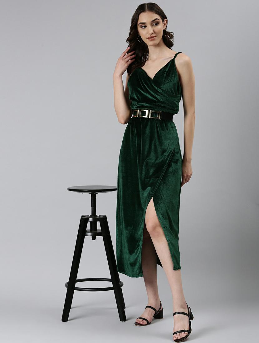 green solid shoulder strap a-line dress with slit - 20249557 - Standard Image - 3
