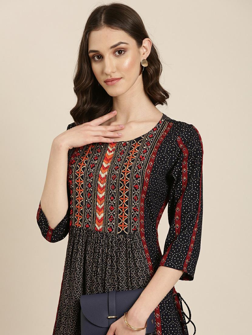 women's navy blue round neck flared kurta - 20252247 - Standard Image - 5