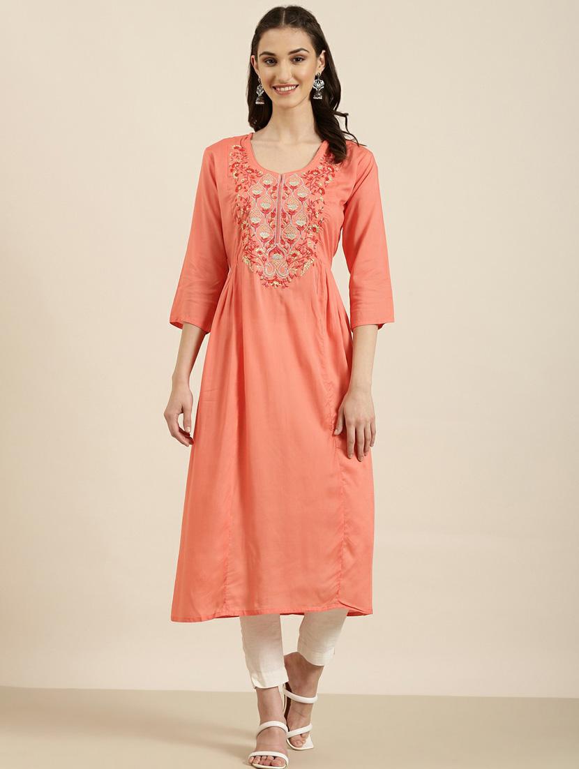 orange embroidered a-line kurta - 20252642 -  Zoom Image - 0