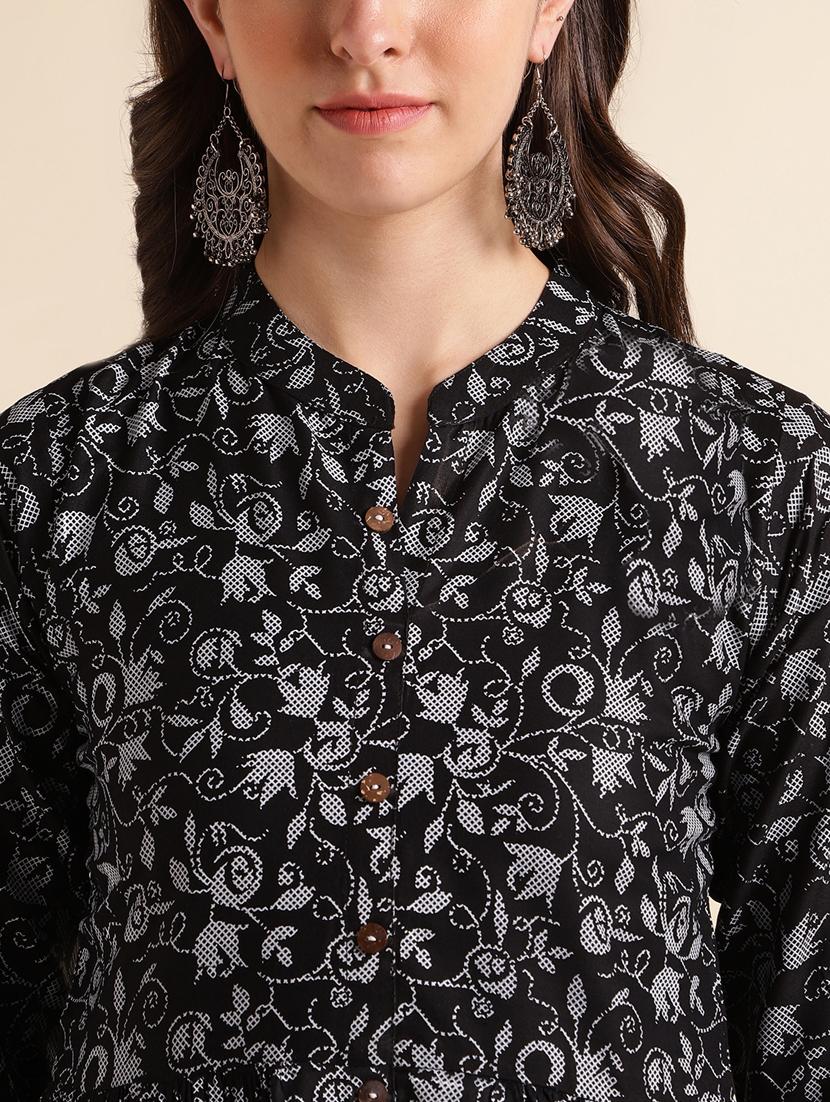 women black mandarin neck a-line kurti - 20253134 - Standard Image - 4
