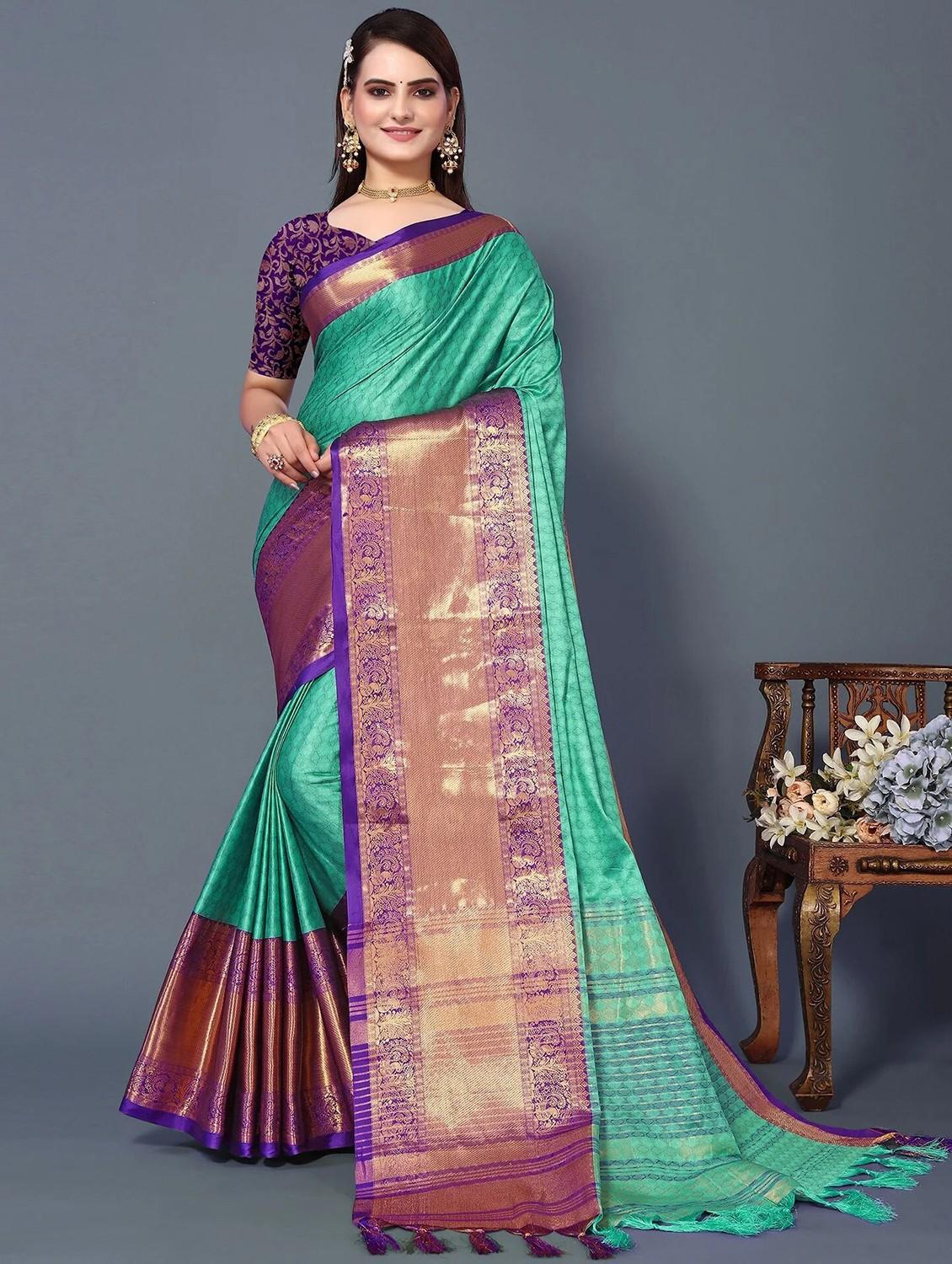 women's self design turquoise colored saree with blouse