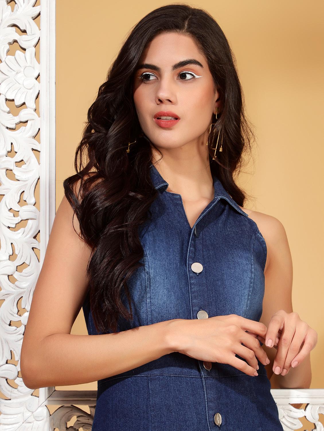 navy blue denim full leg jumpsuit - 20289748 - Standard Image - 3