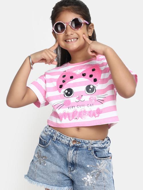 girls multi color striped with graphic printed cotton regular tee - 20291210 - Very Small Image - 1
