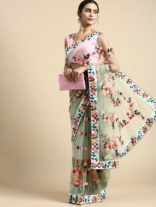 women's embroidered saree with blouse - 20300004 - Very Small Image - 1