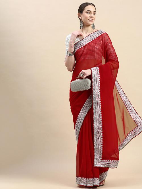soft georgette saree with silver embroidered border with blouse - 20303104 - Very Small Image - 1