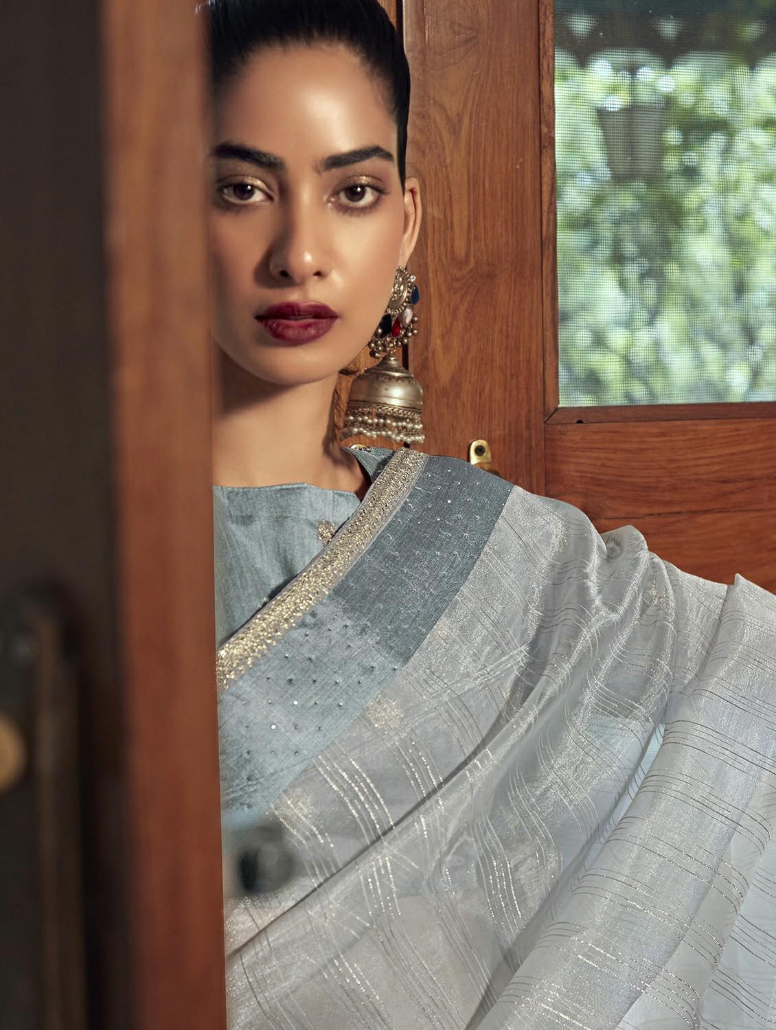women's stripes grey colored saree with blouse - 20303159 - Standard Image - 2