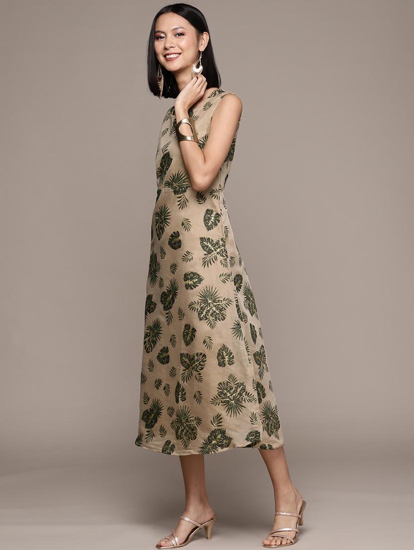 women khaki square neck a-line dress - 20312372 - Standard Image - 2