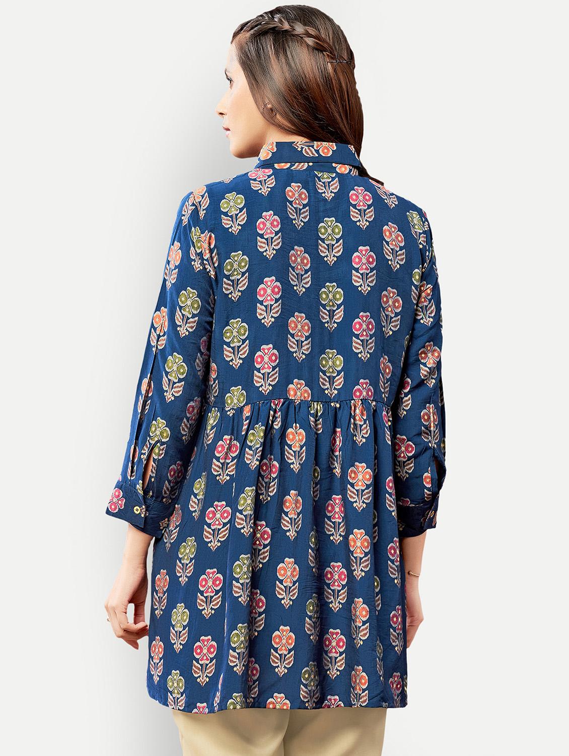 blue printed high low tunic - 20318997 - Standard Image - 2