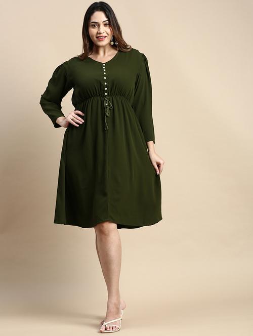 olive solid a-line dress - 20325646 - Very Small Image - 1