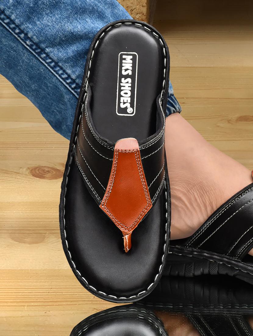 black leather toe separator slippers