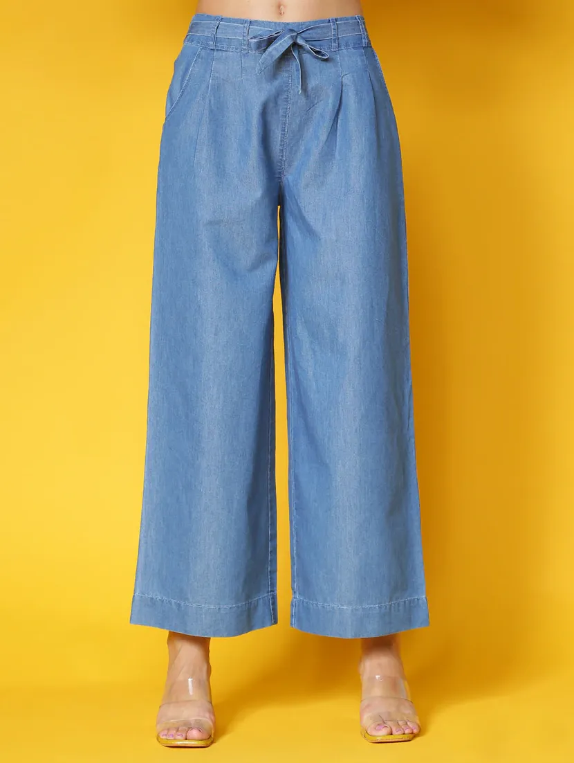 women solid light blue wide leg trouser