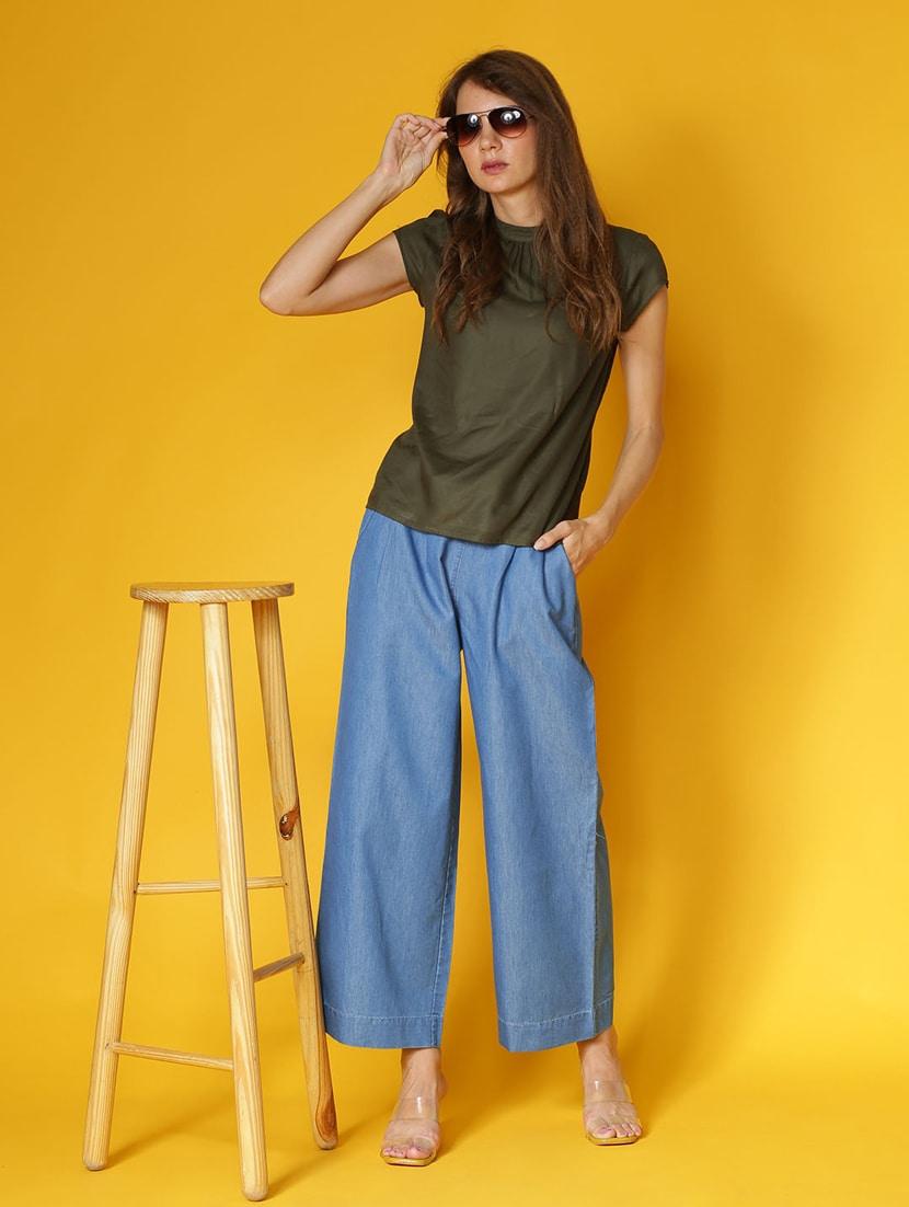 women solid light blue wide leg trouser - 20355133 - Zoom Image - 4