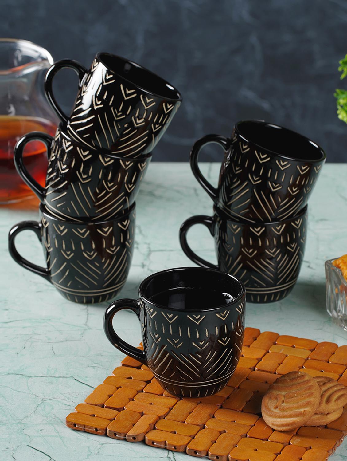 cdi black embossed designed tea coffee mugs set of 6