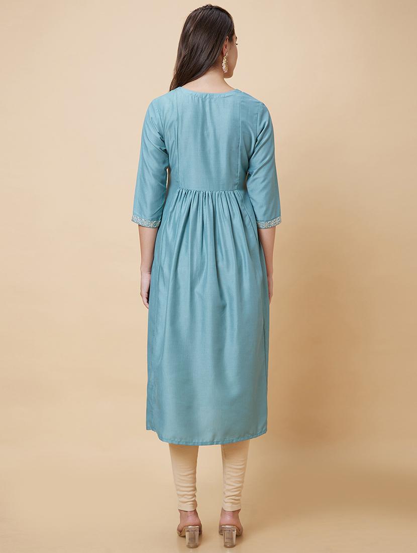 women light blue round neck a-line kurta - 20394951 - Standard Image - 3