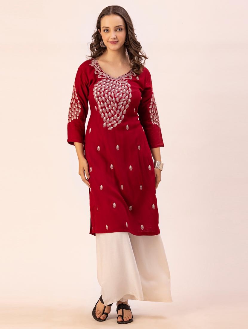 women maroon v-neck straight kurta