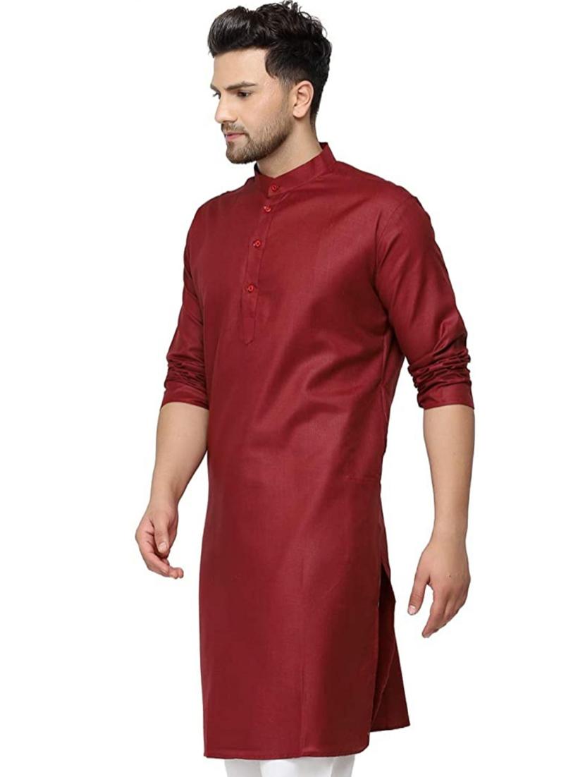 men solid maroon cotton blend long kurta - 20410235 - Zoom Image - 1