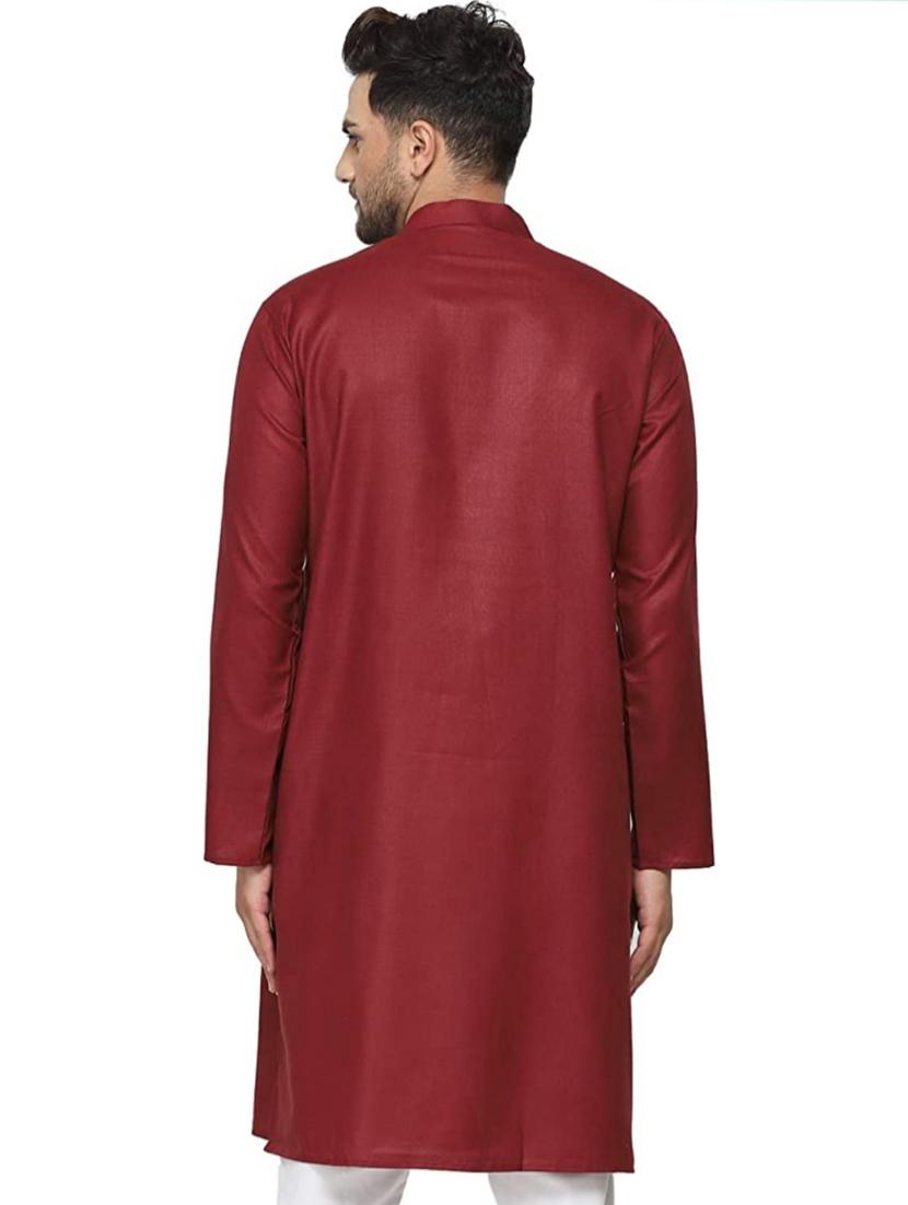 men solid maroon cotton blend long kurta - 20410235 - Zoom Image - 3