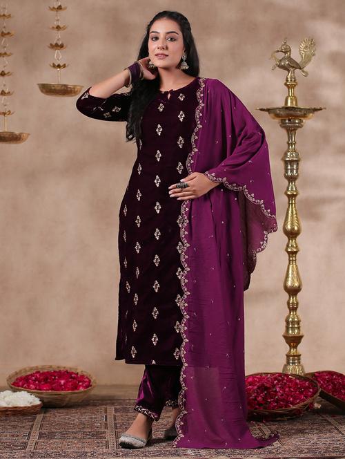 purple three quarter sleeve kurta pant set - 20419083 -  Standard Image - 0