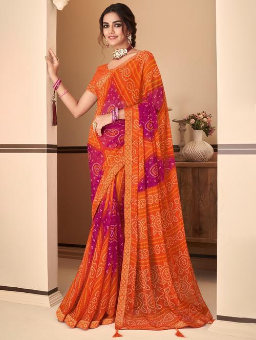 orange bandhani printed saree with blouse - 20423223 - Standard Image - 0