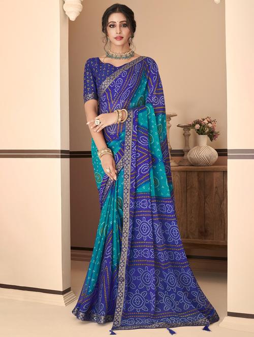 women light blue bandhani printed saree with blouse - 20423224 - Standard Image - 0