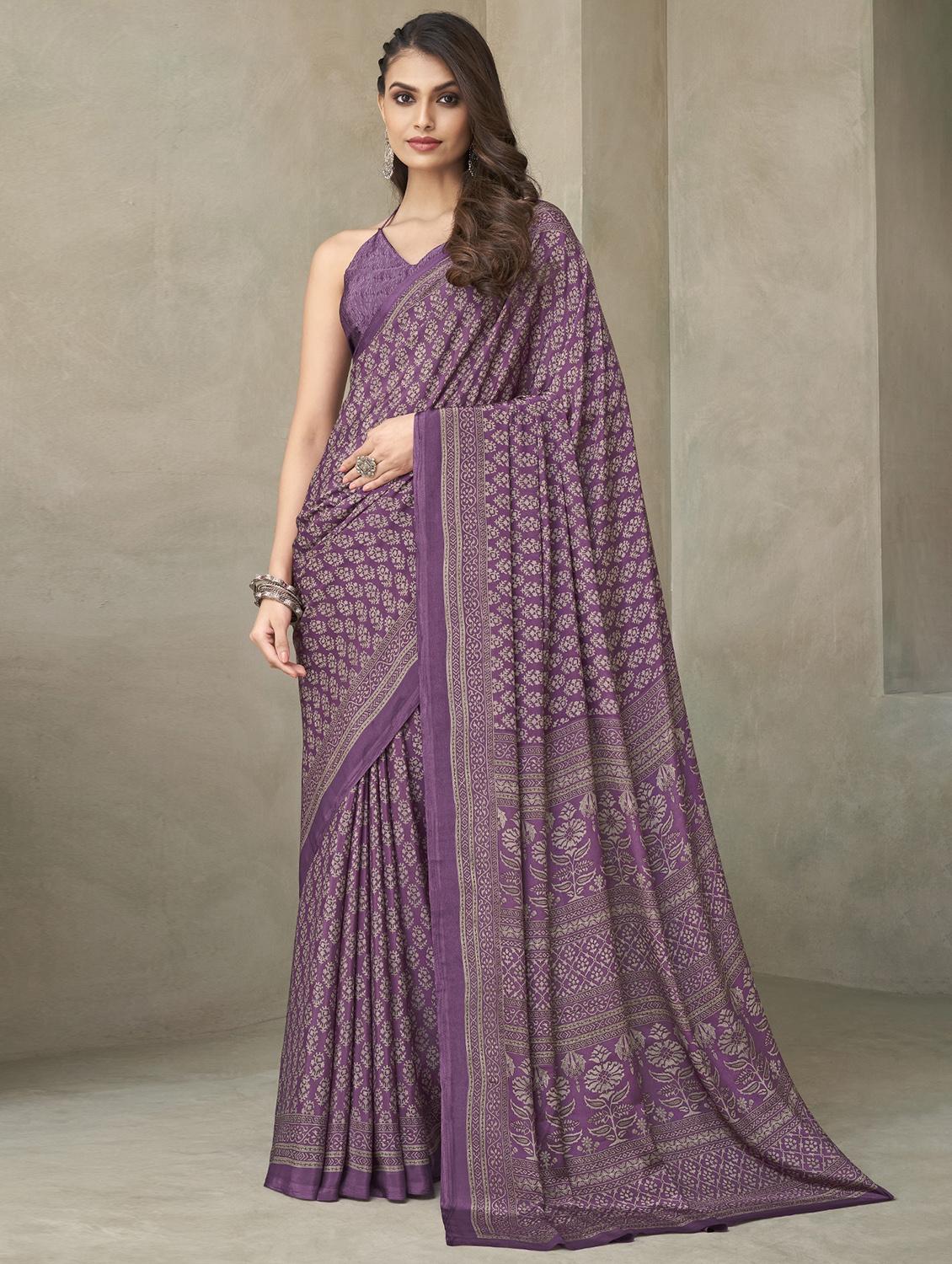 women purple printed saree with blouse