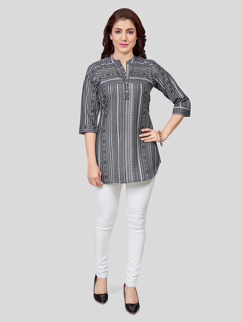 women black & white mandarin neck a-line kurti - 20424778 - Standard Image - 4