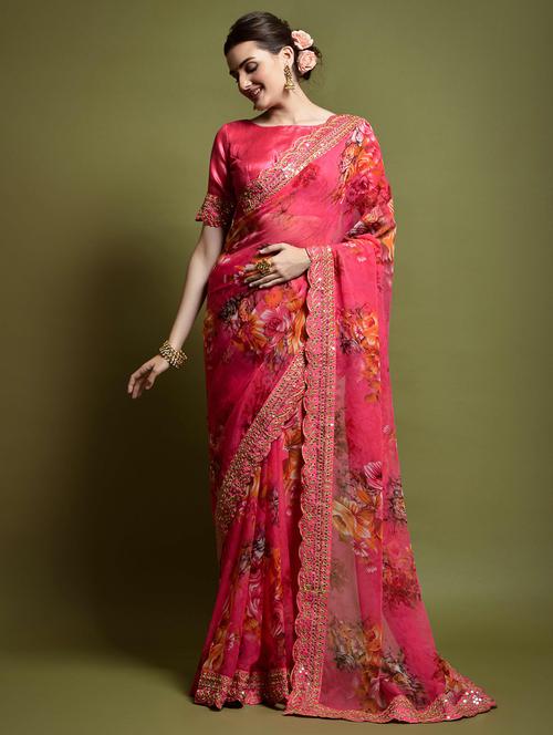 women's floral pink colored saree with blouse - 20427956 - Very Small Image - 1