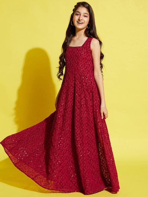 girls embroidered georgette party gown - 20428282 - Very Small Image - 1