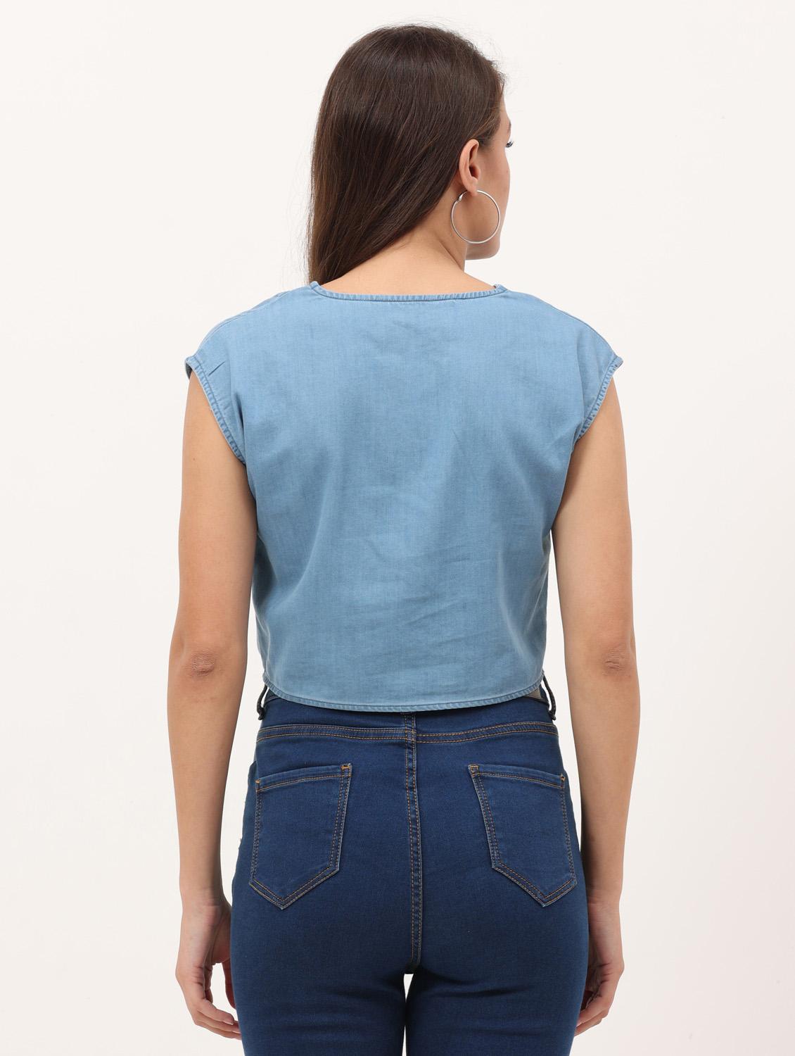 denim knot detail crop top - 20445640 - Standard Image - 3