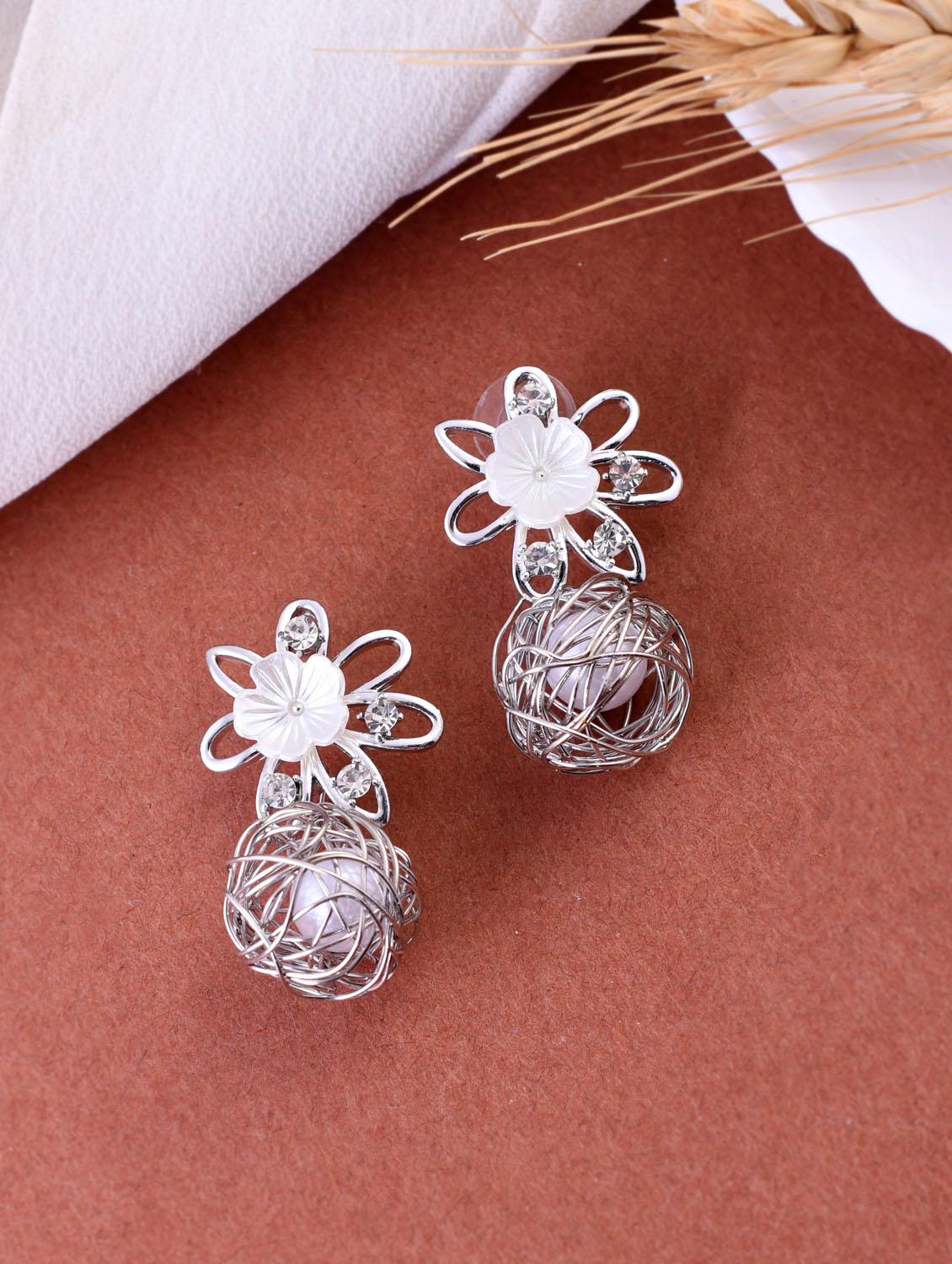 voj women silver plated flower peral studs earring