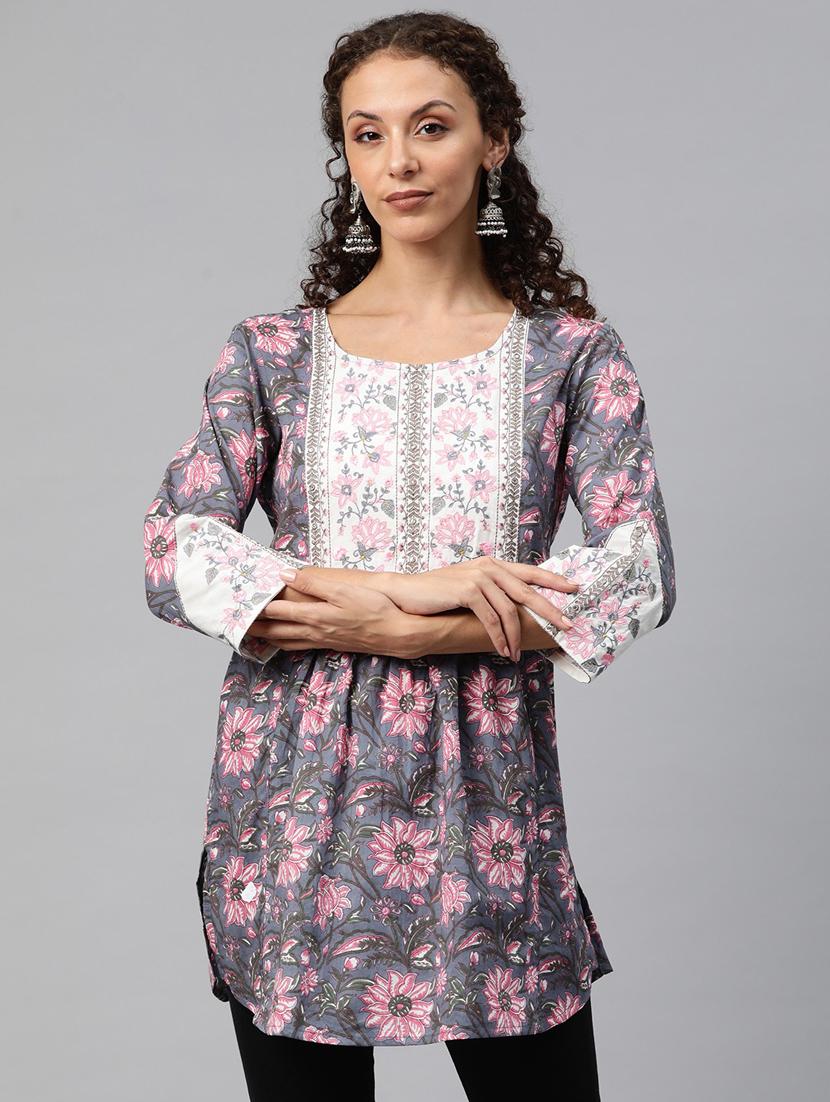 women grey floral printed a-line kurti - 20451435 -  Zoom Image - 0