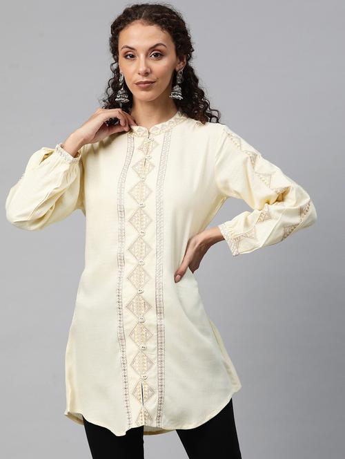 women cream mandarin neck a-line kurti - 20451445 -  Standard Image - 0