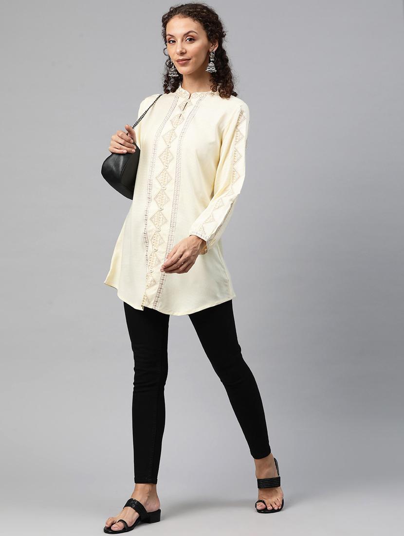 women cream mandarin neck a-line kurti - 20451445 - Standard Image - 3