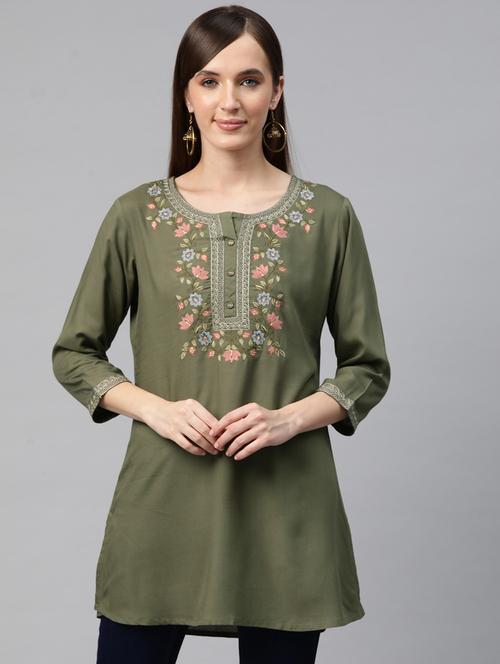 women olive round neck a-line kurti - 20451451 -  Standard Image - 0