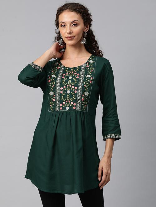 women bottle green round neck a-line kurti - 20451454 -  Standard Image - 0