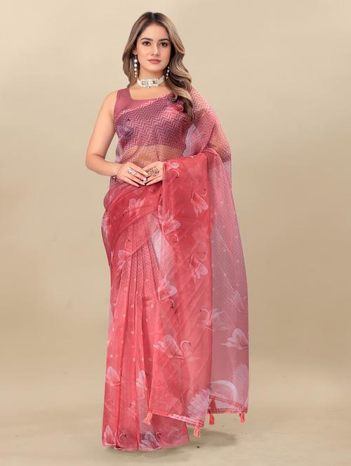 women's printed peach colored saree with blouse - 20474183 - Standard Image - 0