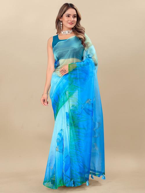 women's printed light blue colored saree with blouse - 20474185 - Standard Image - 0