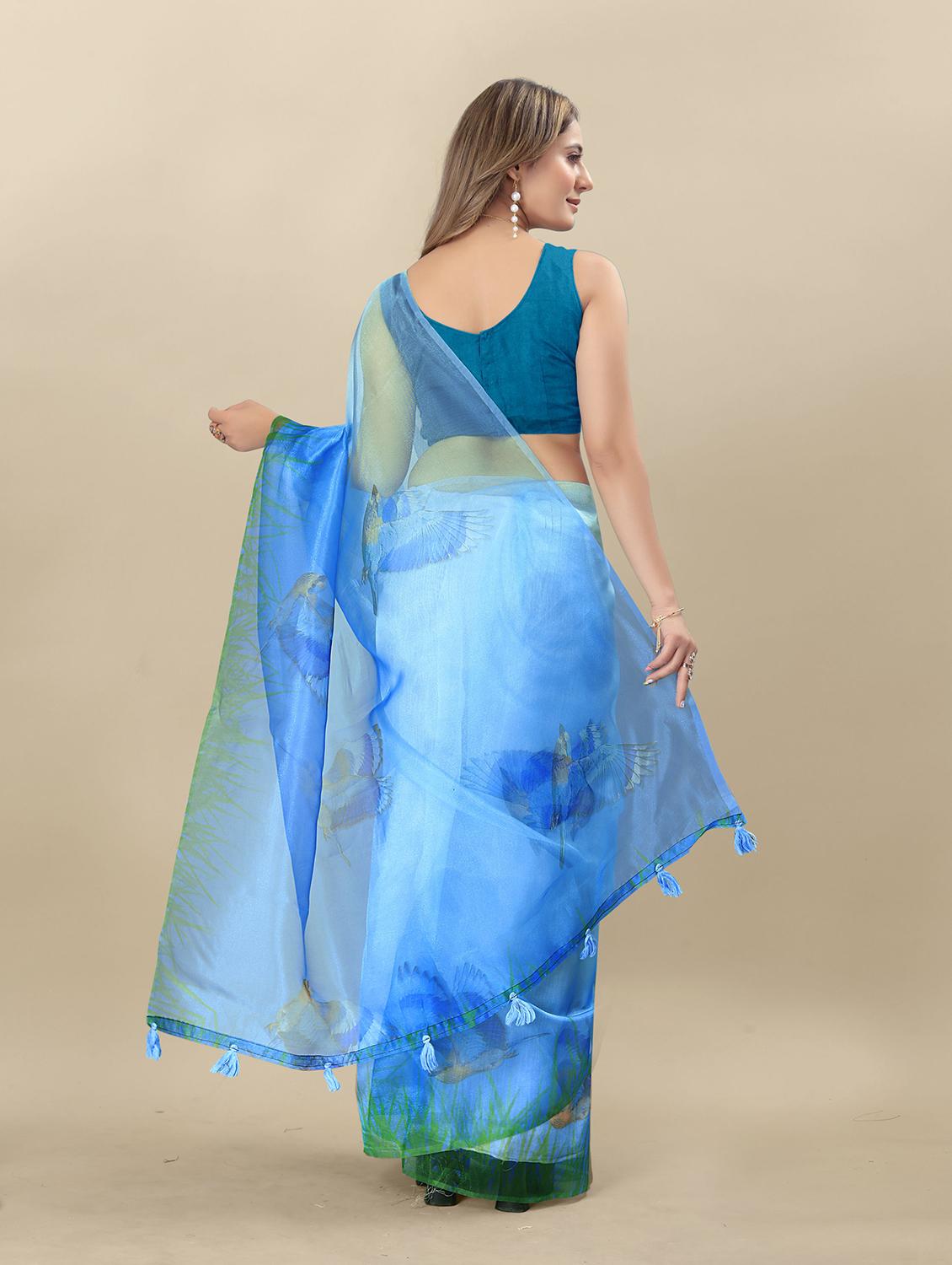 women's printed light blue colored saree with blouse - 20474185 - Standard Image - 3