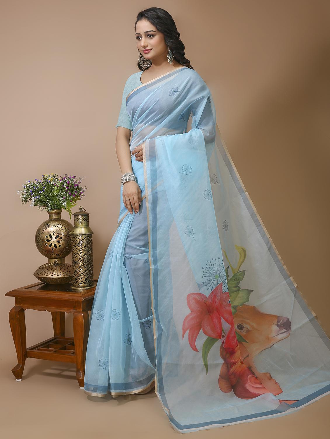 women's printed light blue colored saree with blouse - 20474332 -  Zoom Image - 0