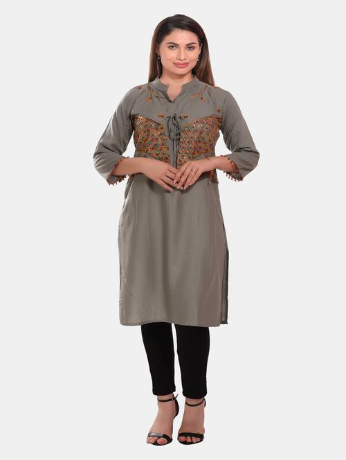 Grey Embroidered Rayon Straight Kurta - 20479179 - Very Small Image - 1