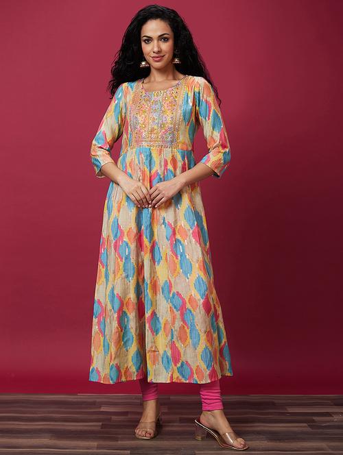 globus women multicolour embroidered yoke abstract printed panelled anarkali kurta - 20485930 - Very Small Image - 1