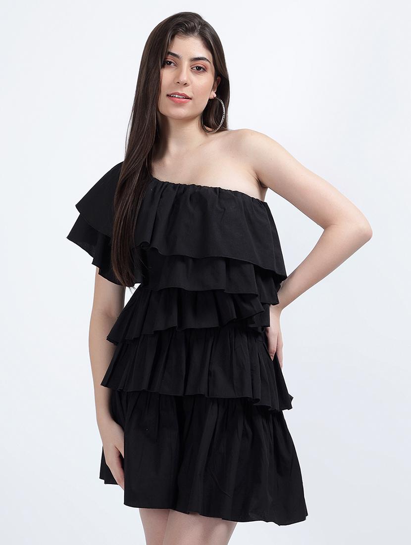 black solid ruffled dress