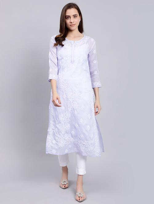 lavender three quarter sleeve chikankari kurta - 20494990 -  Standard Image - 0