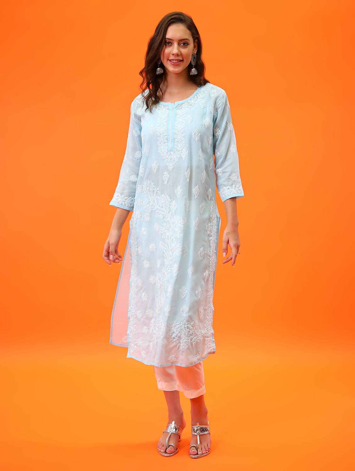 light blue three quarter sleeve chikankari kurta