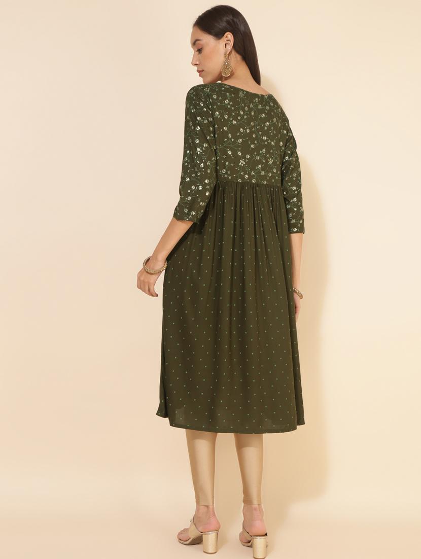 women olive v neck flared kurta - 20500971 - Standard Image - 3