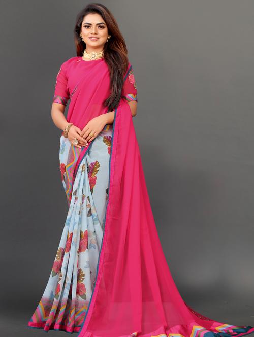 Women's Floral Pink Colored Saree With Blouse - 20512914 - Very Small Image - 1