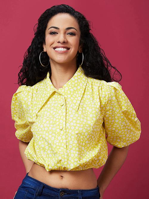 yellow floral printed crop top - 20534025 - Very Small Image - 1